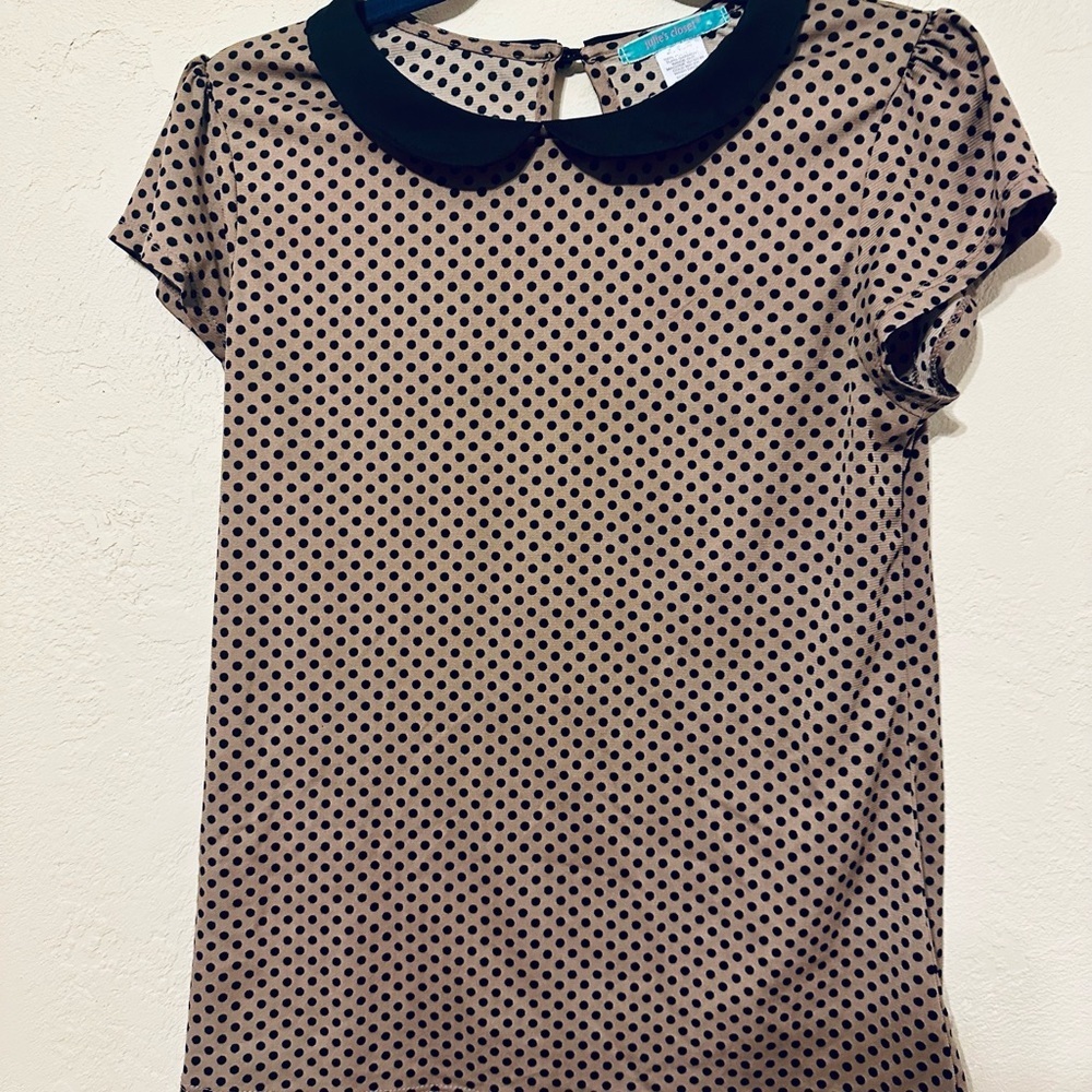 Julie's Closet Black Tan Polka Dot Blouse Peter Pan collar size XL EUC